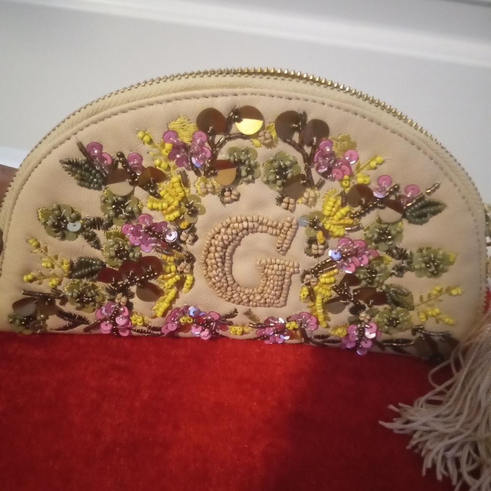 Anthropologie X  Anna Harlow Russo G Monogram Beaded Embroidered Tan Pouchett